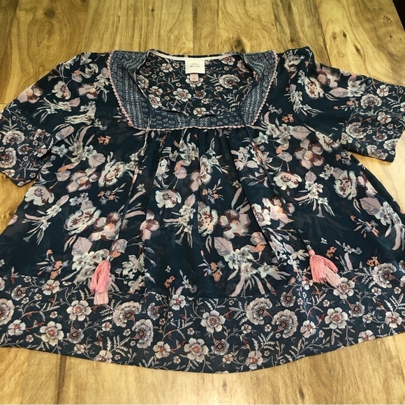 Knox Rose Womens Size Large Peasant Bohemian Floral Top Front Tie Blue Green - Picture 1 of 10